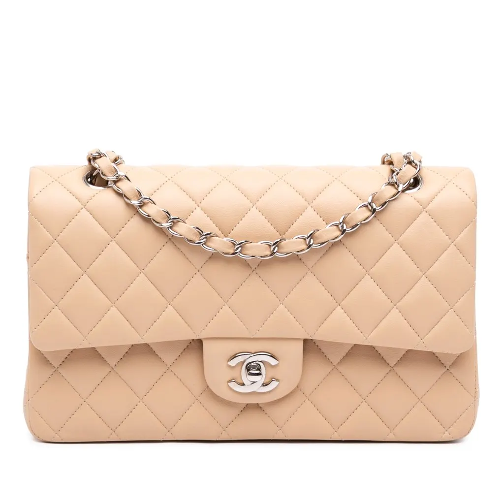 Chanel Medium Classic Lambskin Double Flap Beige Leather Very good - Front View