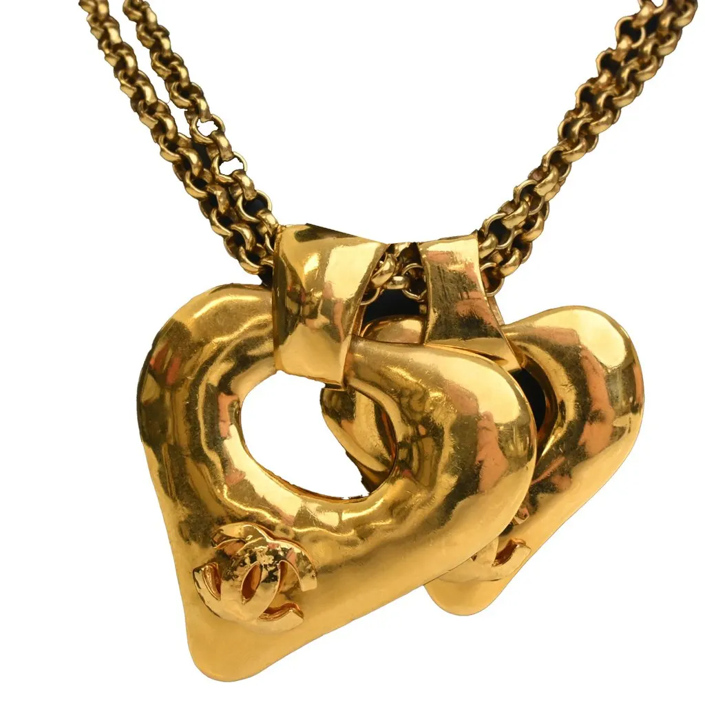 Chanel CC Gold Plated Double Heart Pendant Necklace Gold Metal Very good - Front View