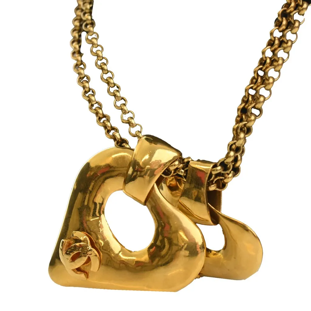 Chanel CC Gold Plated Double Heart Pendant Necklace Gold Metal Very good - Back View