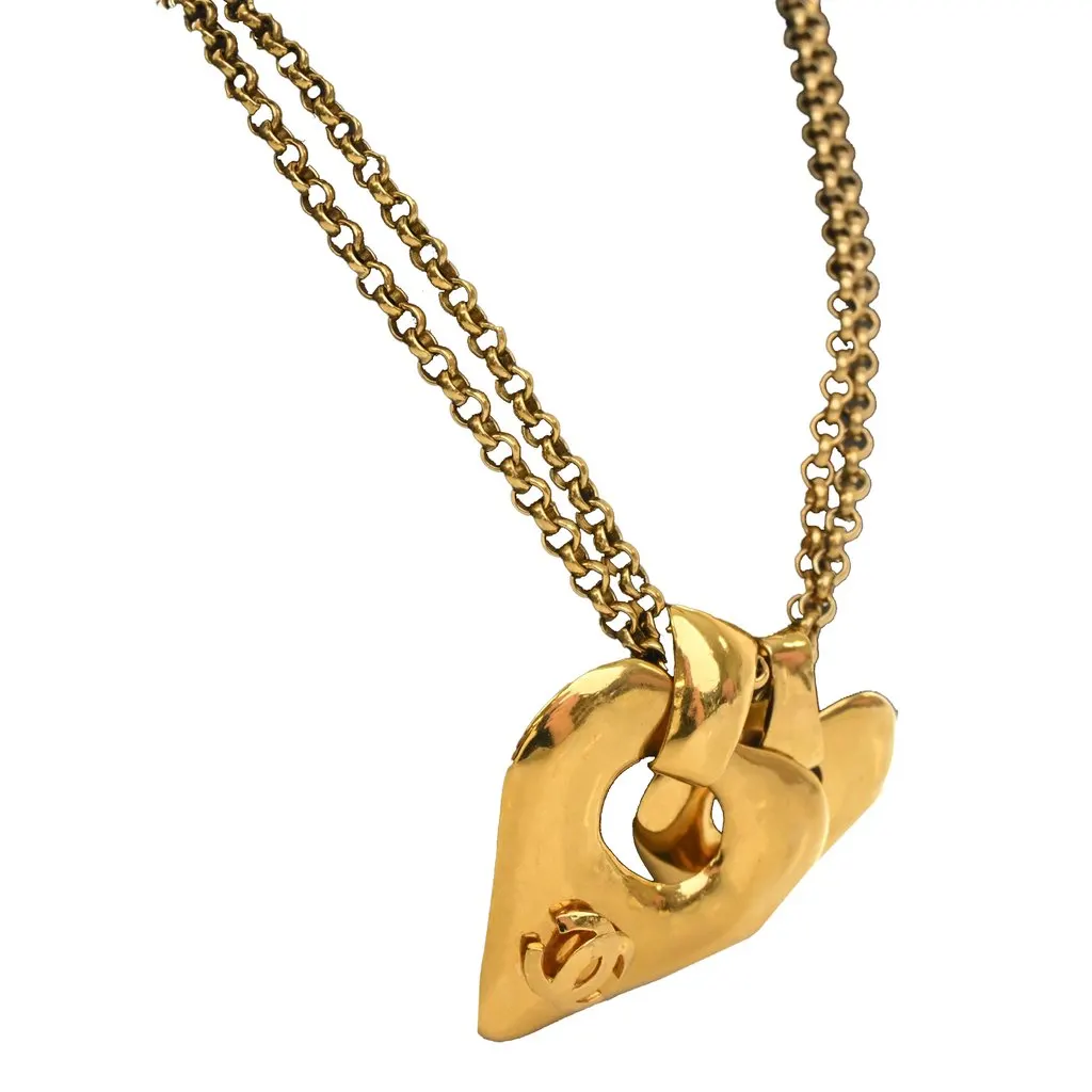 Chanel CC Gold Plated Double Heart Pendant Necklace Gold Metal Very good - Inside View