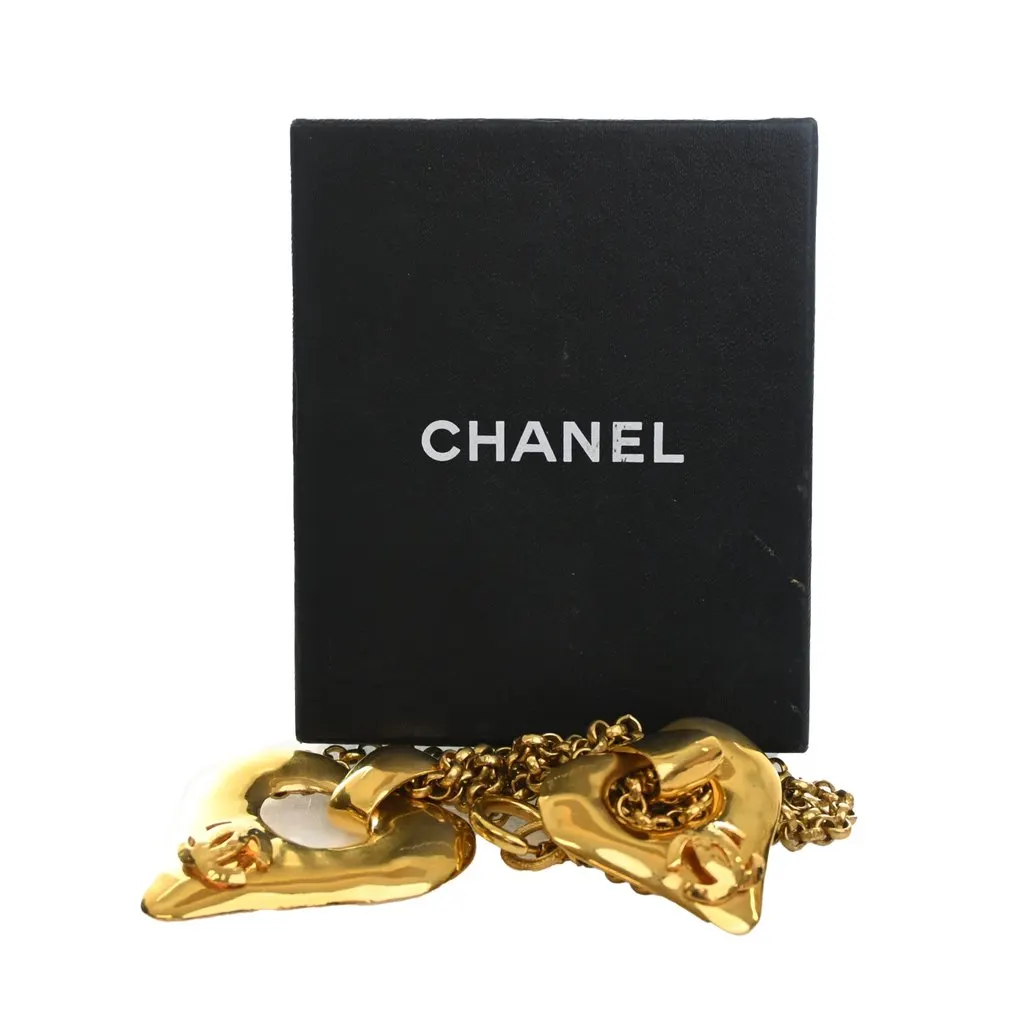 Chanel CC Gold Plated Double Heart Pendant Necklace Gold Metal Very good - Box View