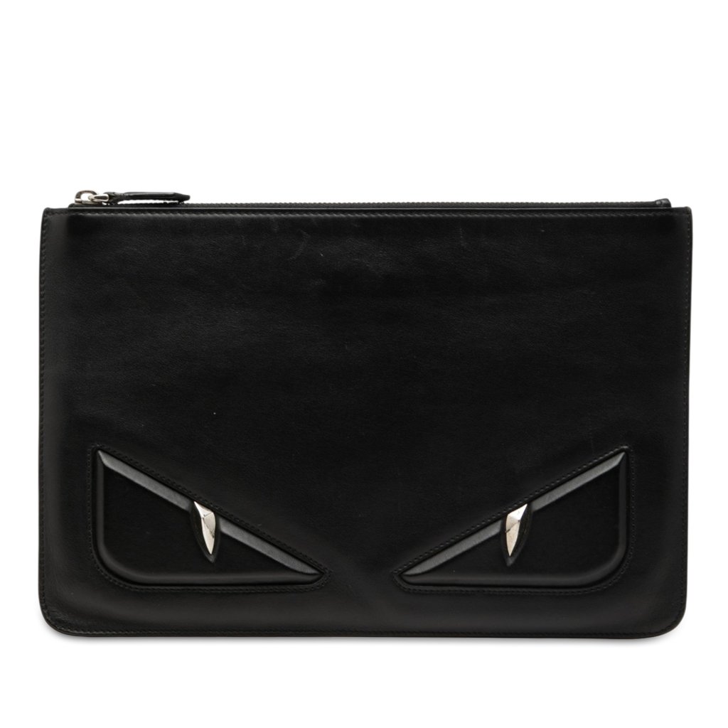 Fendi Leather Monster Zip Clutch Black Large Leather