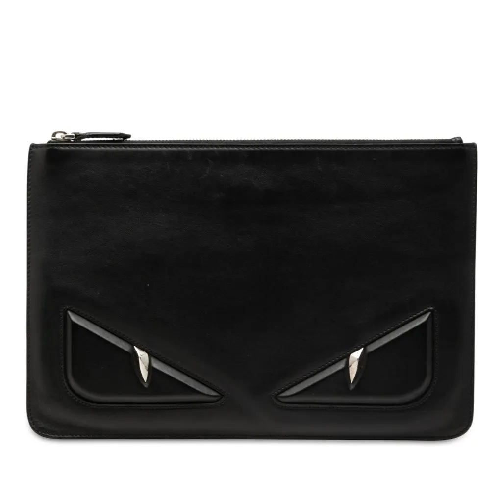 Fendi Leather Monster Zip Clutch Black Large Leather
