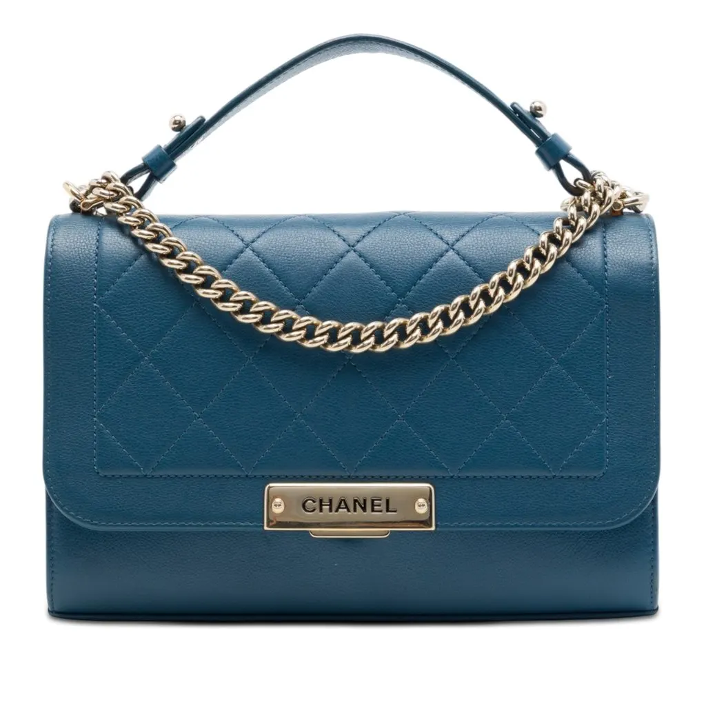 Chanel Medium Quilted Grained Calfskin Label Click Top Handle Flap Blue Leather Very good - Front View