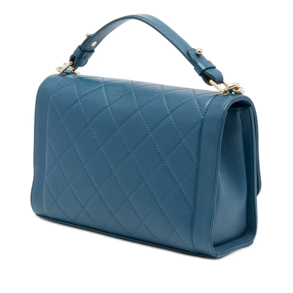 Chanel Medium Quilted Grained Calfskin Label Click Top Handle Flap Blue Leather Very good - Back View