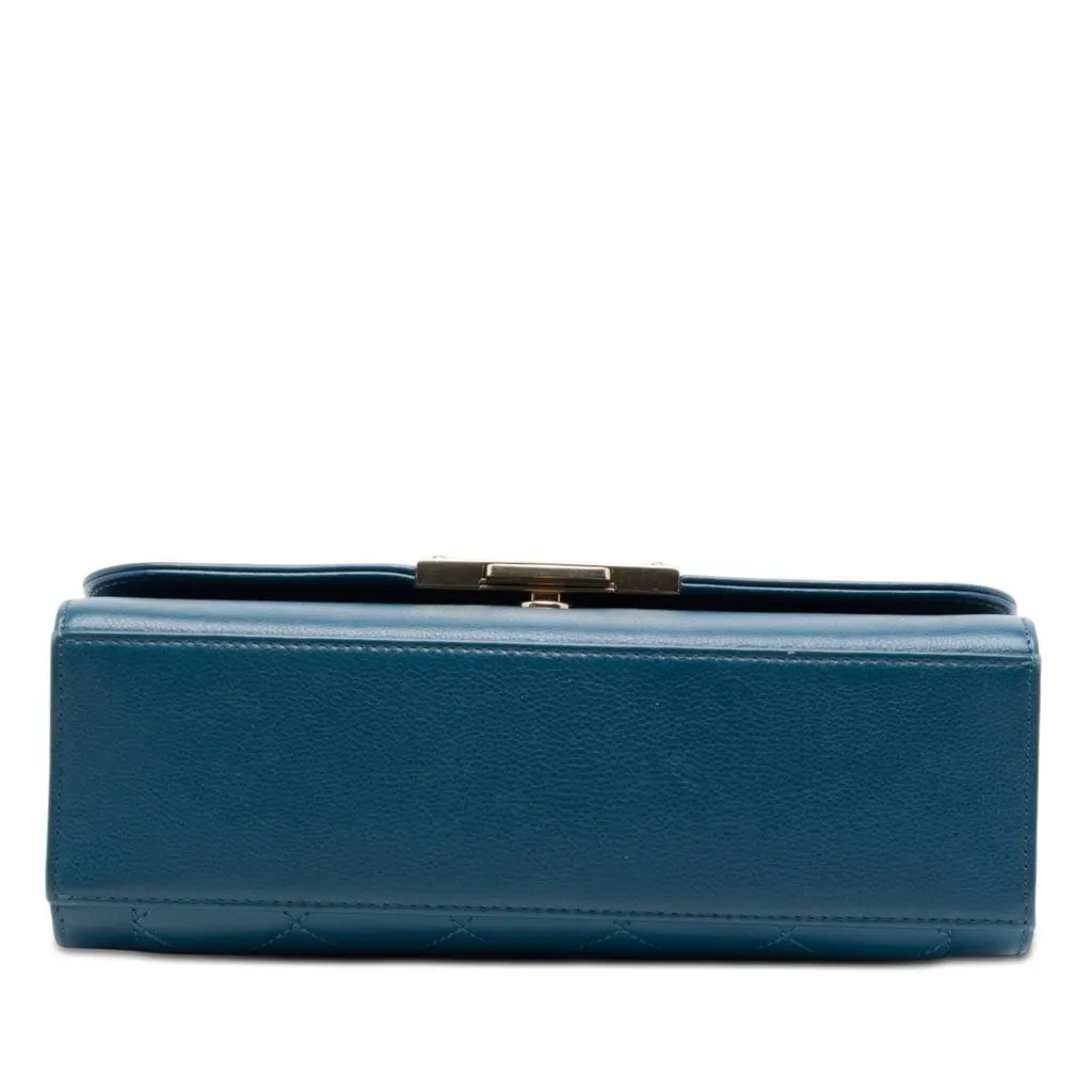 Chanel Medium Quilted Grained Calfskin Label Click Top Handle Flap Blue Leather Very good - Inside View