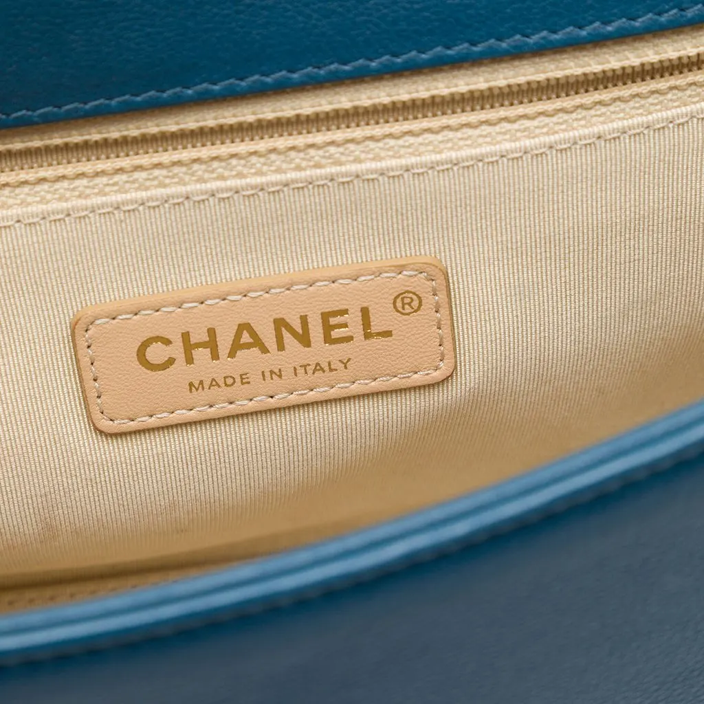 Chanel Medium Quilted Grained Calfskin Label Click Top Handle Flap Blue Leather Very good - Box View
