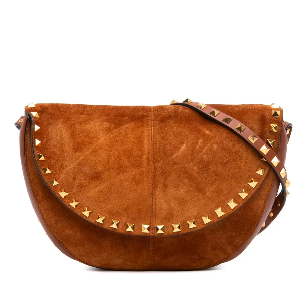Valentino Suede and Calfskin Rockstud Halfmoon Crossbody Brown Leather Very good - Front View