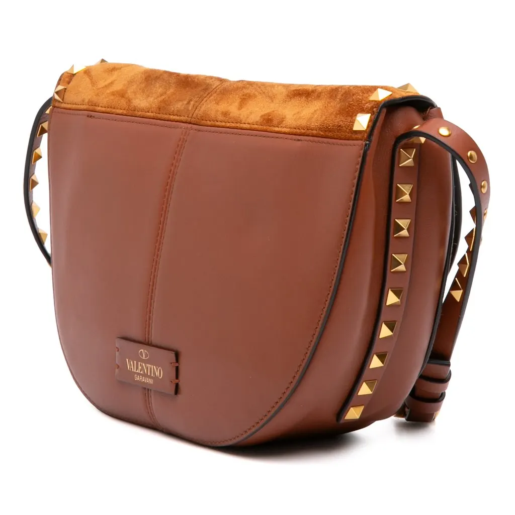 Valentino Suede and Calfskin Rockstud Halfmoon Crossbody Brown Leather Very good - Back View