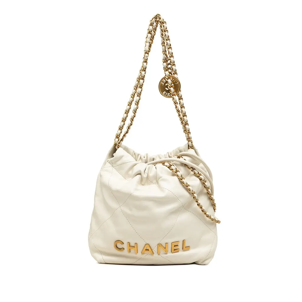 Chanel Mini Shiny Calfskin 22 Hobo White Leather Very good - Front View