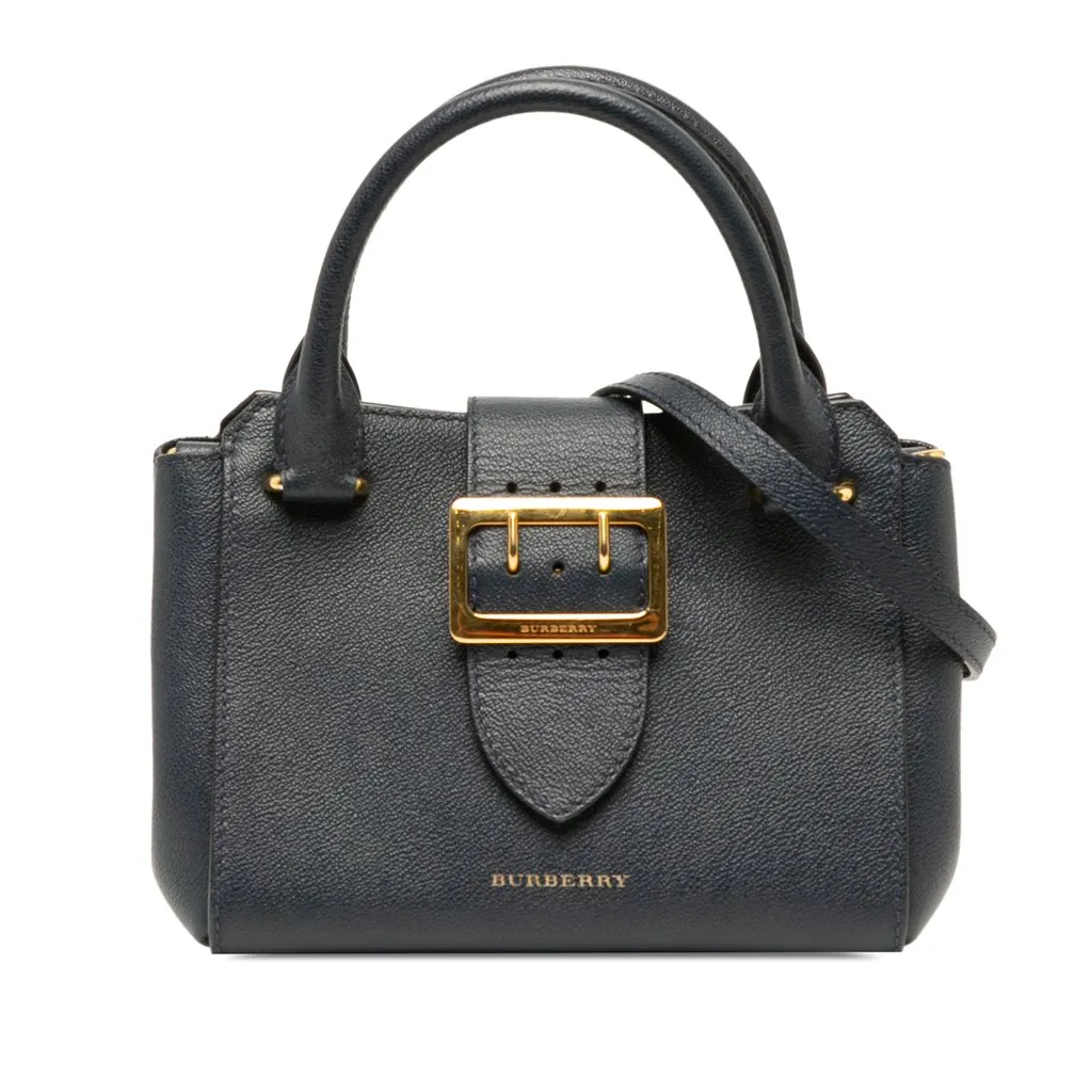 Burberry Small Grained Leather Buckle Tote Blue Leather Good - Front View