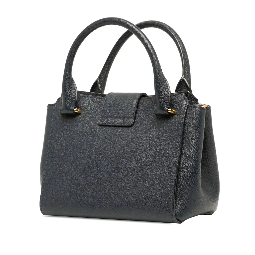 Burberry Small Grained Leather Buckle Tote Blue Leather Good - Back View
