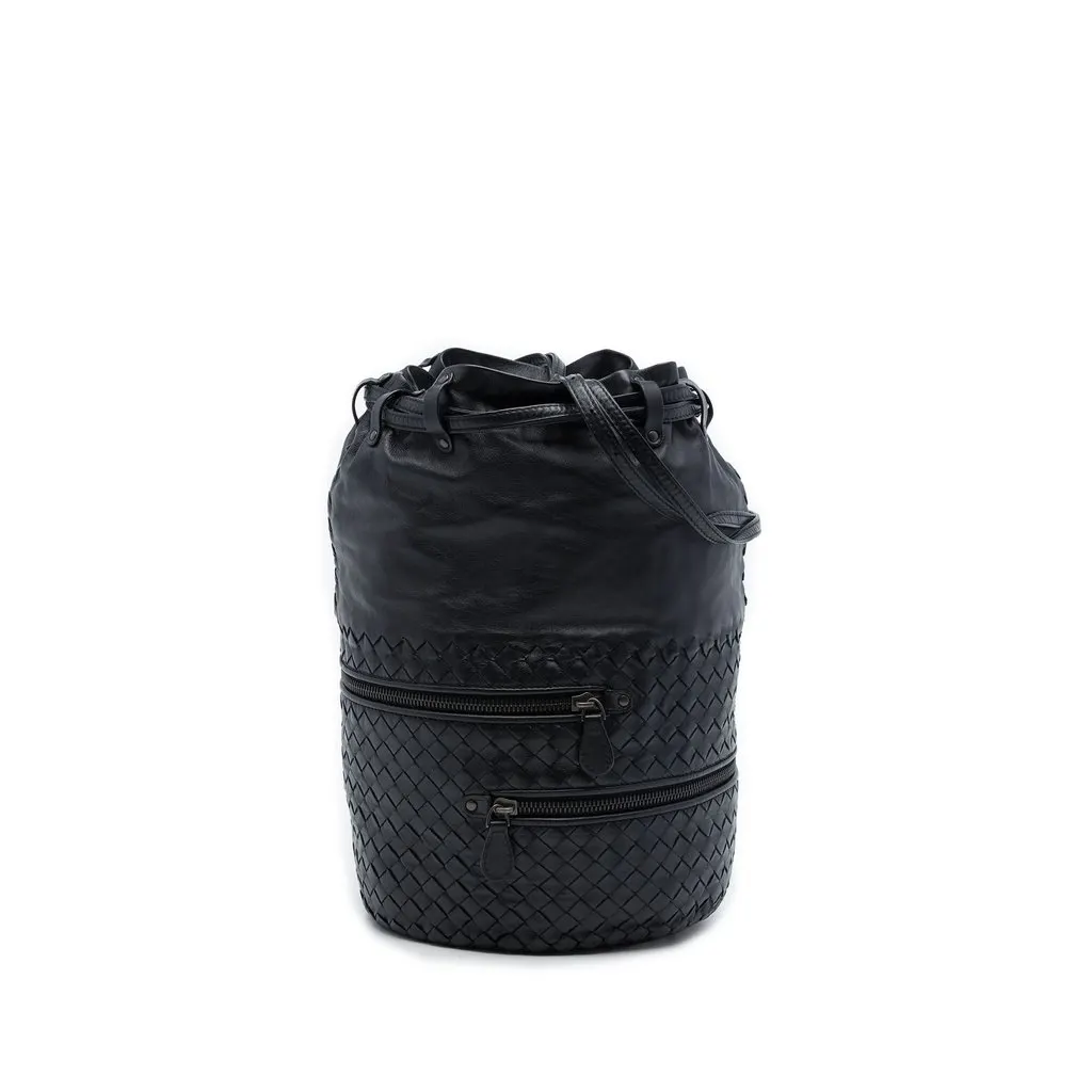 Bottega Veneta Nappa Intrecciato Front Zip Drawstring Bucket Bag Black Leather Good - Front View