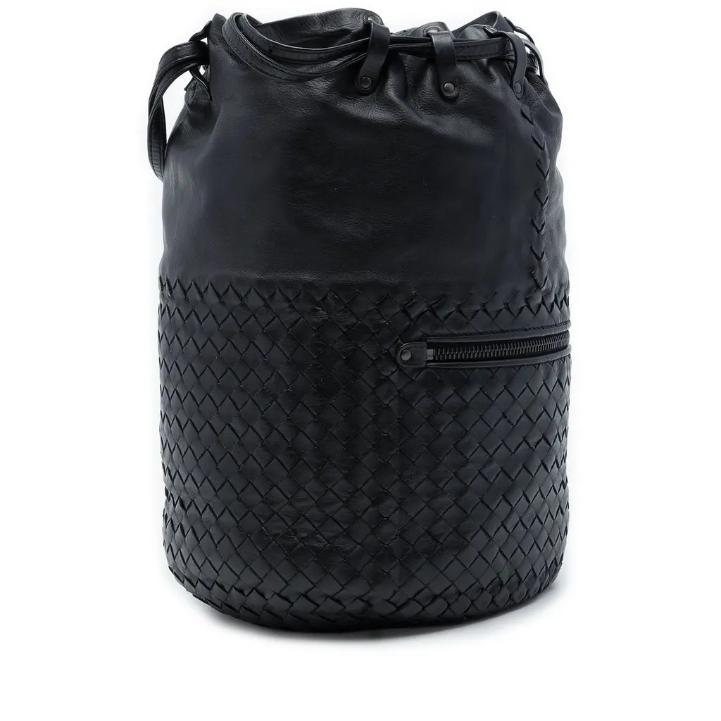 Bottega Veneta Nappa Intrecciato Front Zip Drawstring Bucket Bag Black Leather Good - Back View