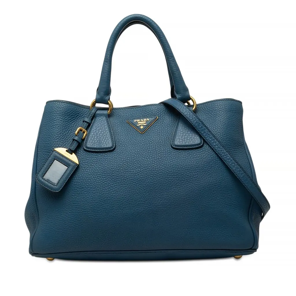Prada Vitello Daino Open Convertible Tote Blue Leather Good - Front View