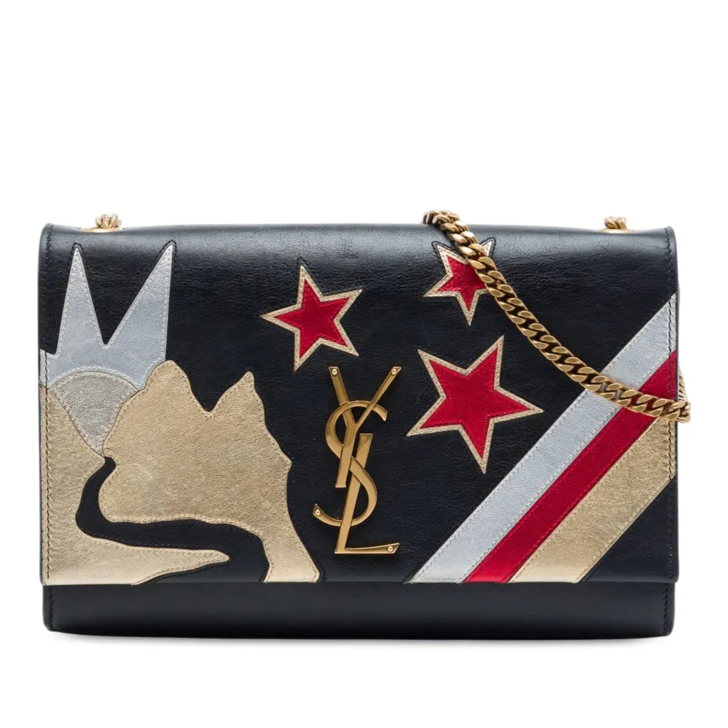 Saint Laurent Medium Smooth Calfskin Rockstar Patchwork Monogram Kate Crossbody Black Leather Very good - Front View