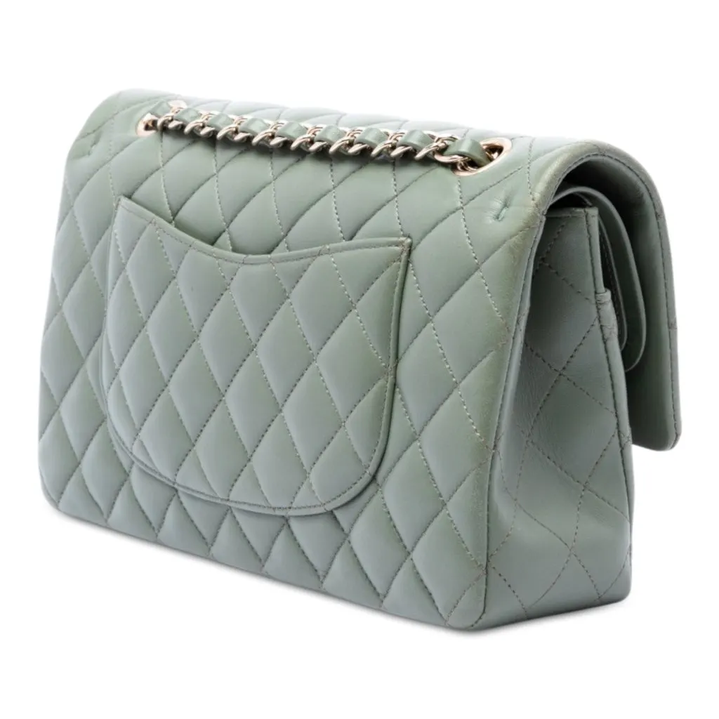 Chanel Medium Classic Lambskin Double Flap Green Leather Very good - Back View
