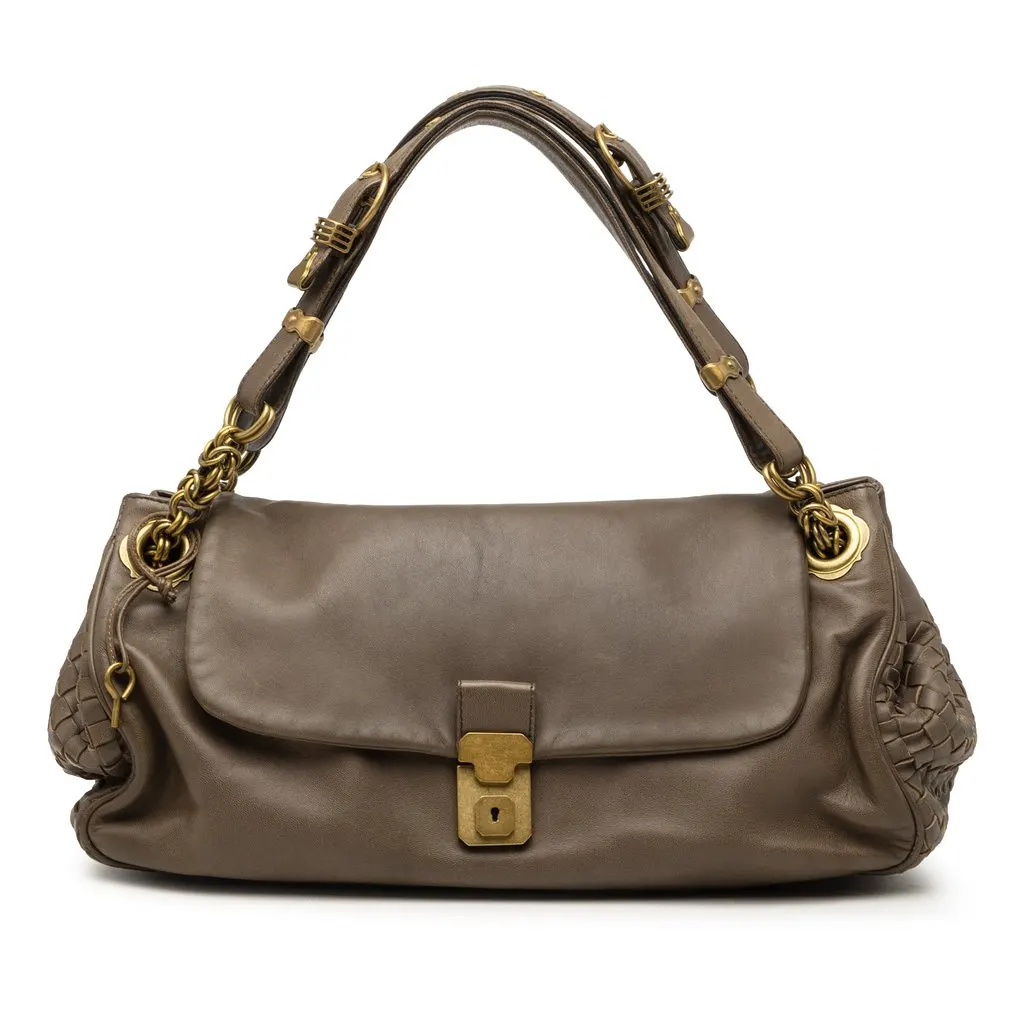 Bottega Veneta Intrecciato Trimmed Nappa Napoli Handbag Brown Leather Very good - Front View