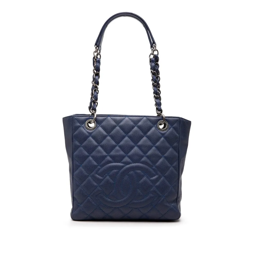 Chanel Caviar Petite Shopping Tote Blue Leather Very good - Front View