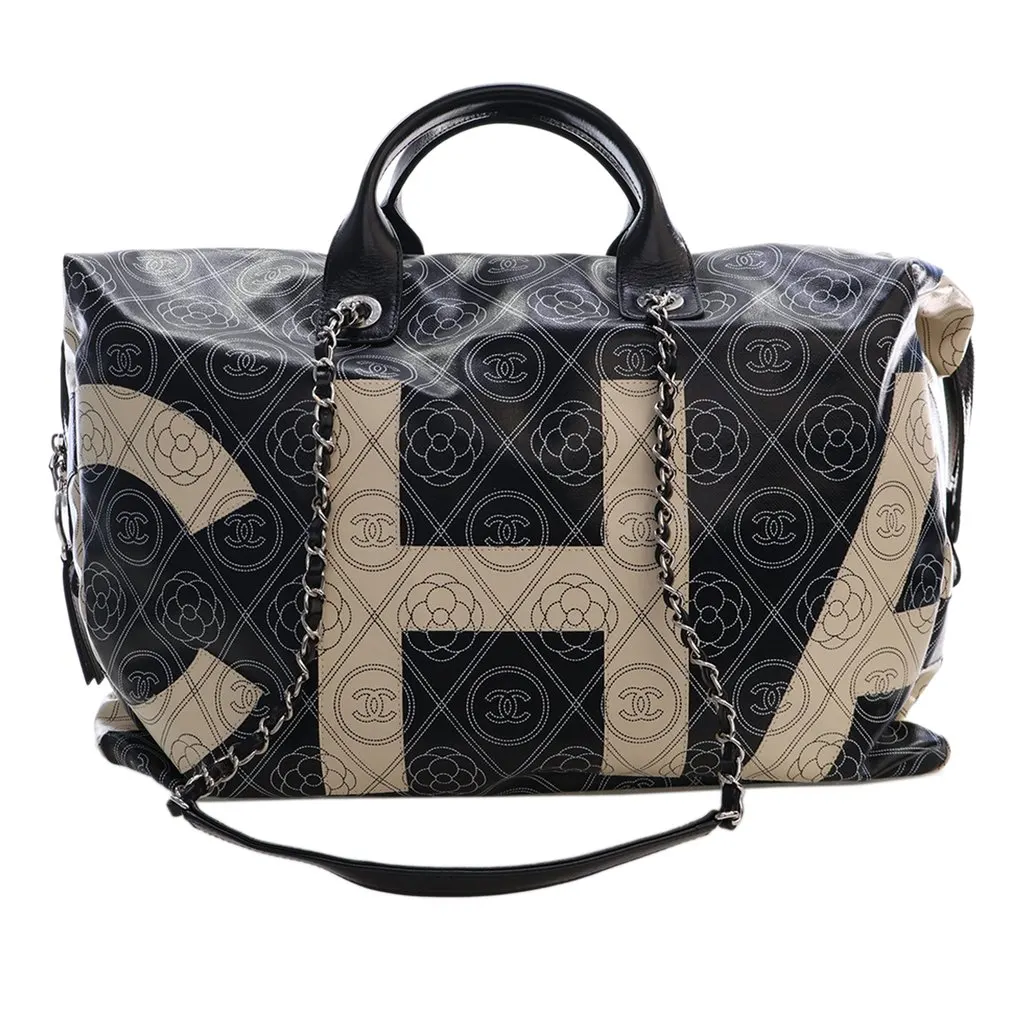 Chanel Large Coated Canvas Camellia Maxi Logo Bowling Bag Black Very good - Front View