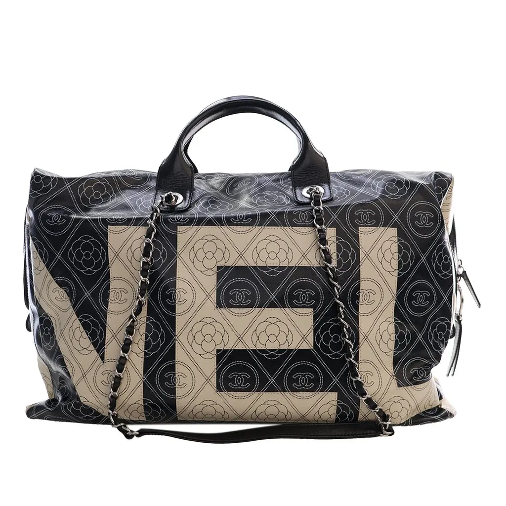 Chanel Large Coated Canvas Camellia Maxi Logo Bowling Bag Black Very good - Back View