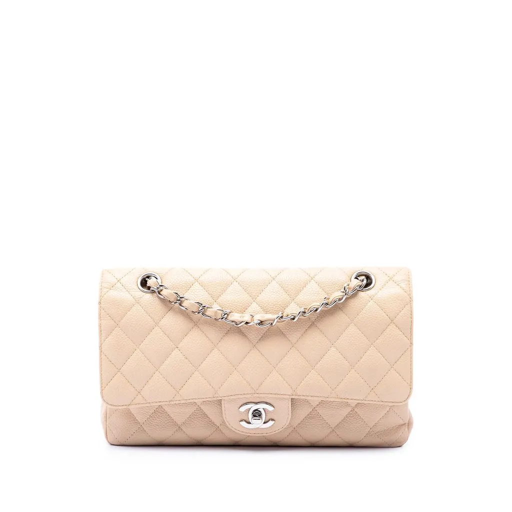 Chanel Medium Classic Caviar Double Flap Beige Leather Very good - Front View