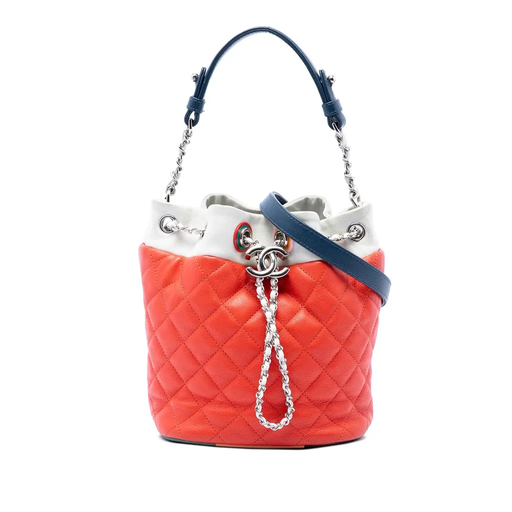 Chanel CC Multicolor Quilted Lambskin Cuba Drawstring Bucket Bag Orange Leather Very good - Front View