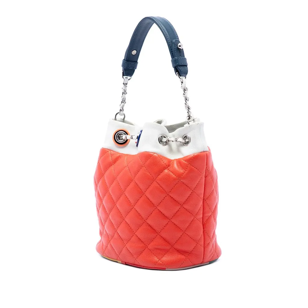 Chanel CC Multicolor Quilted Lambskin Cuba Drawstring Bucket Bag Orange Leather Very good - Back View