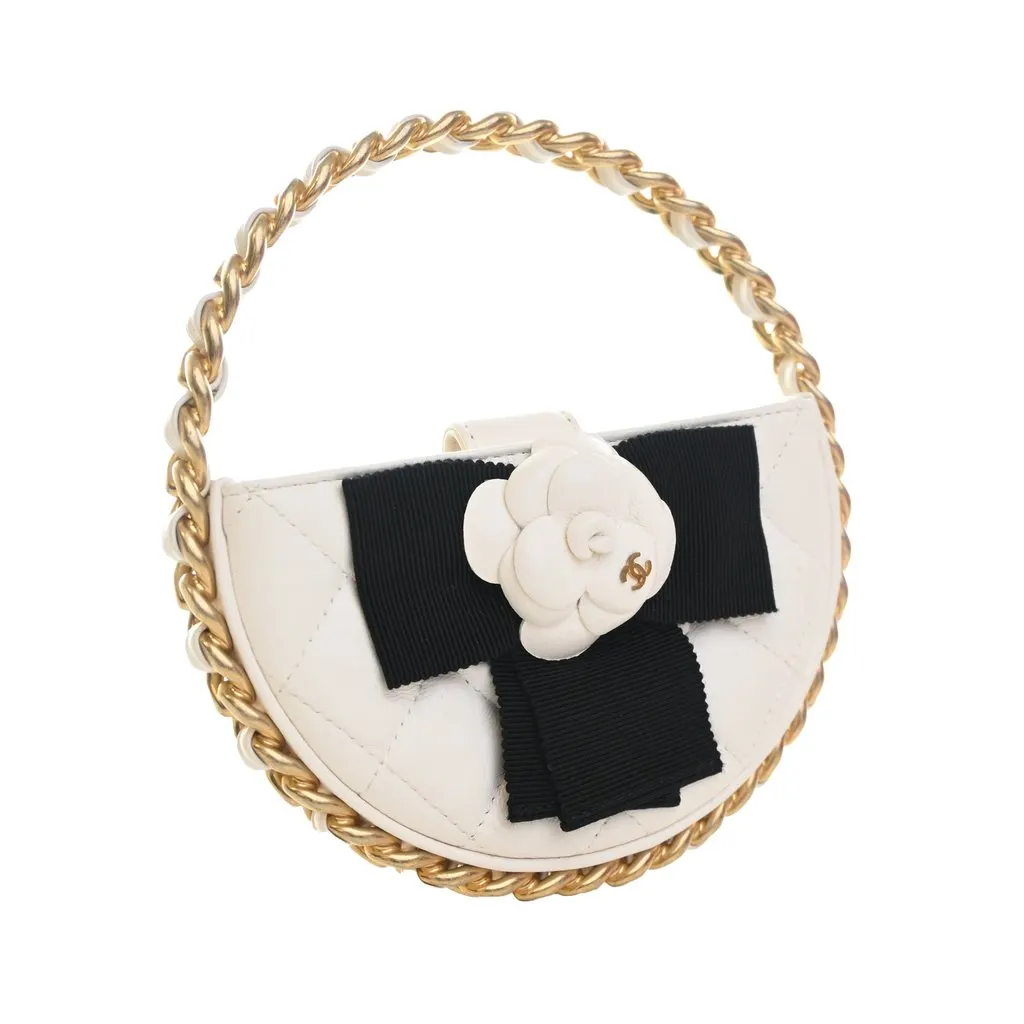 Chanel Mini Lambskin Round Camellia Clutch White Leather Very good - Inside View