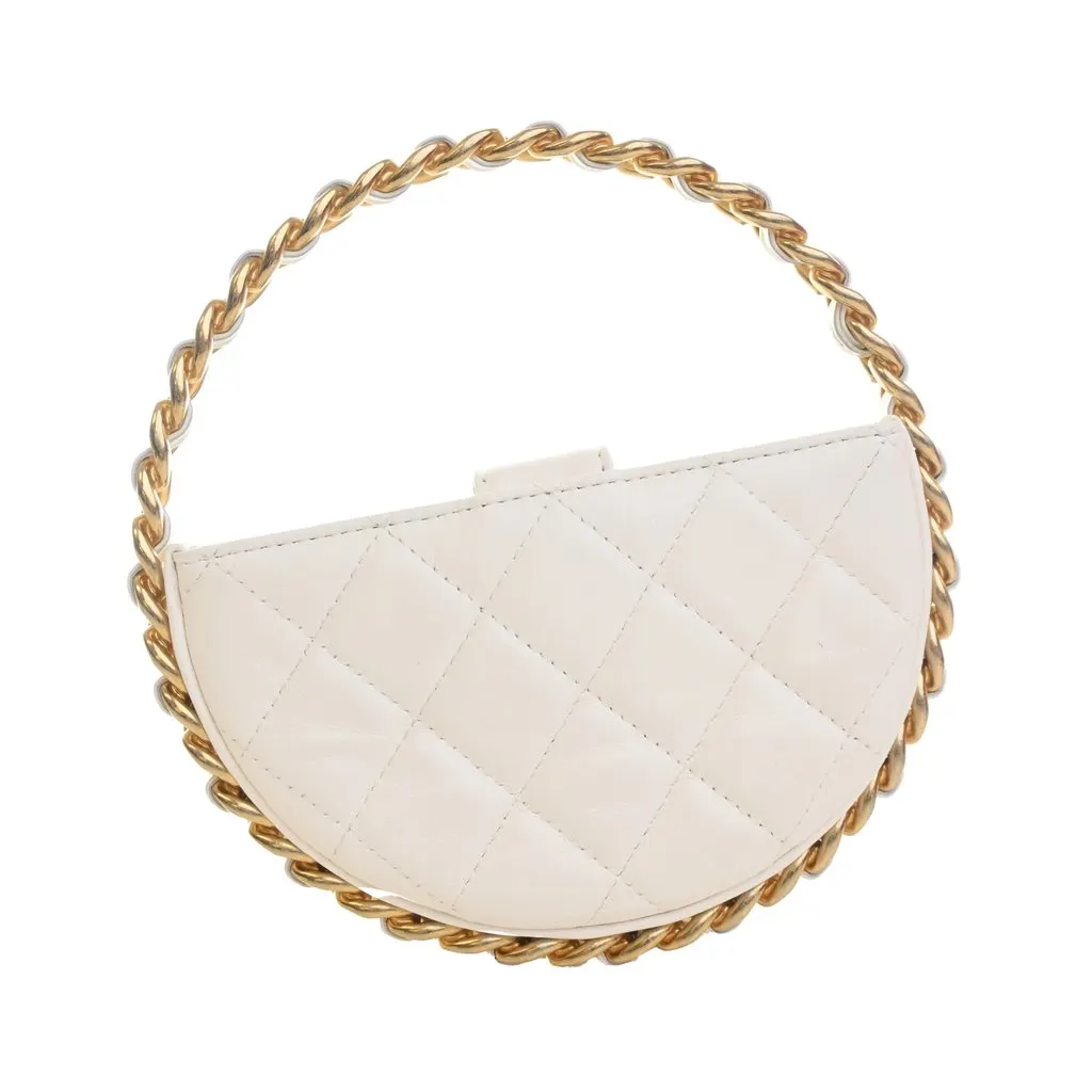Chanel Mini Lambskin Round Camellia Clutch White Leather Very good - Model View