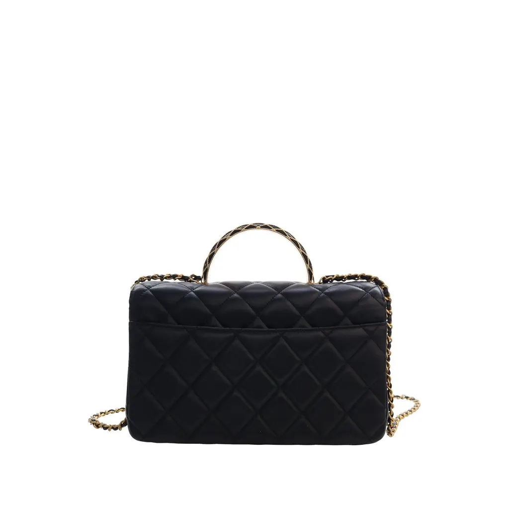 Chanel CC Quilted Lambskin Metal Twist Top Handle Flap Black Leather Very good - Back View