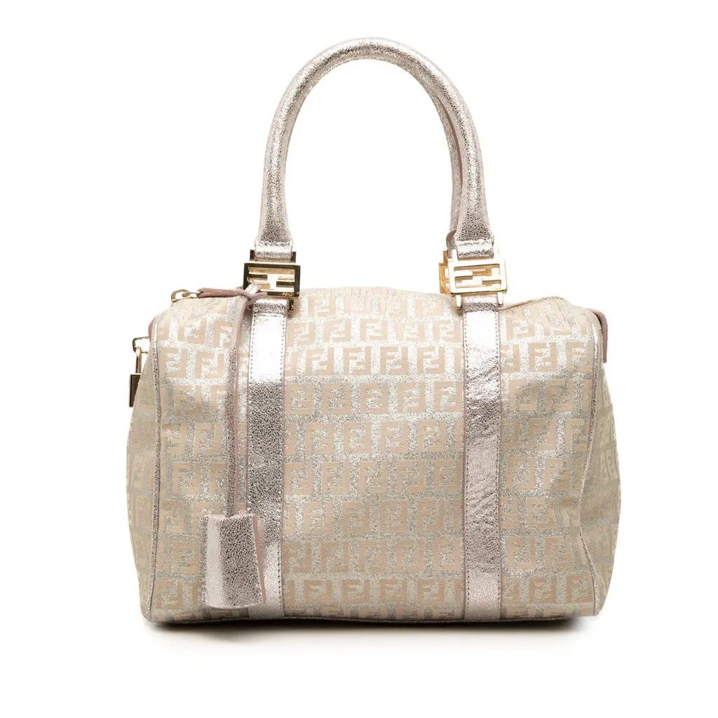 Fendi Small Zucchino Metallic Canvas Forever Bauletto Boston Bag Pink Very good - Front View
