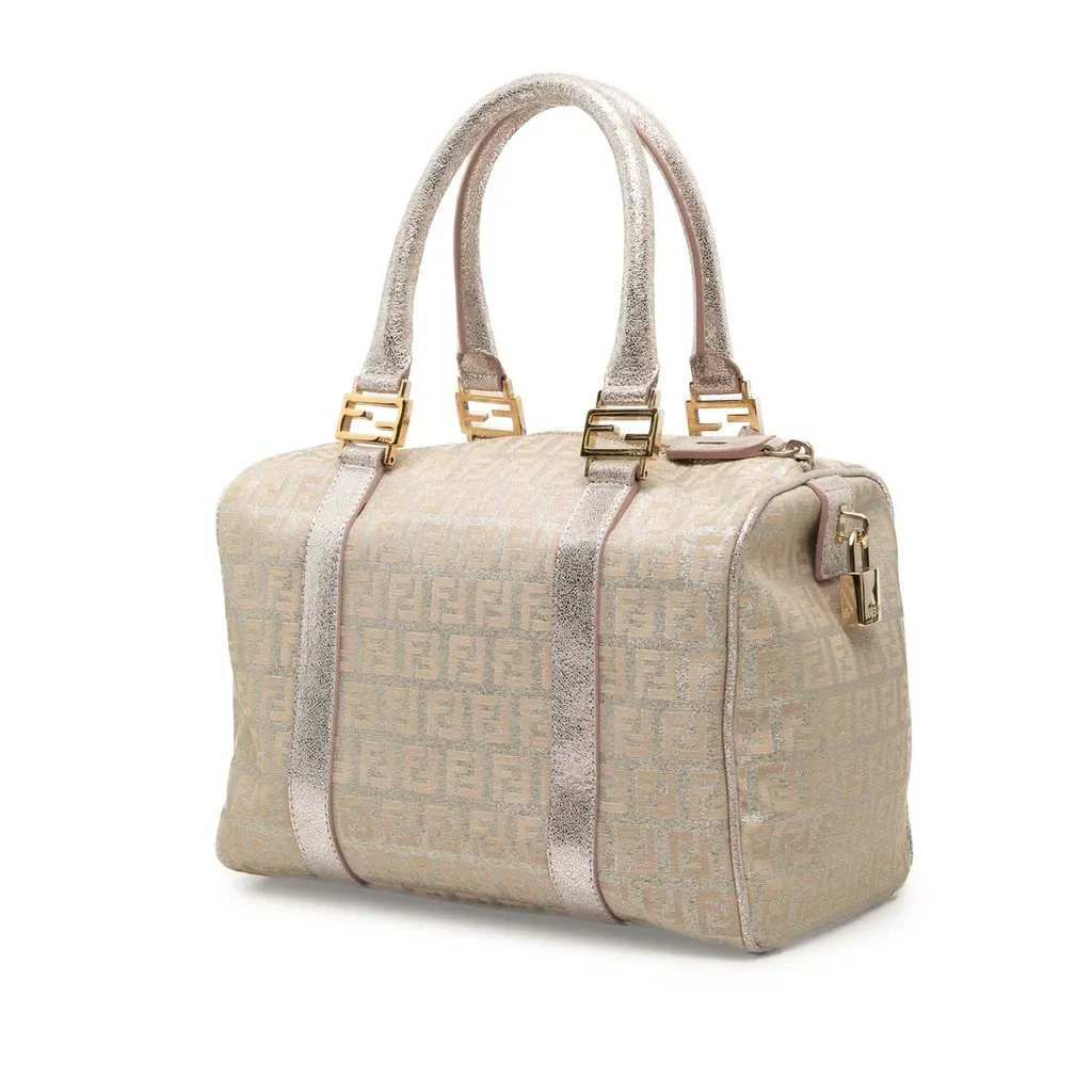 Fendi Small Zucchino Metallic Canvas Forever Bauletto Boston Bag Pink Very good - Back View