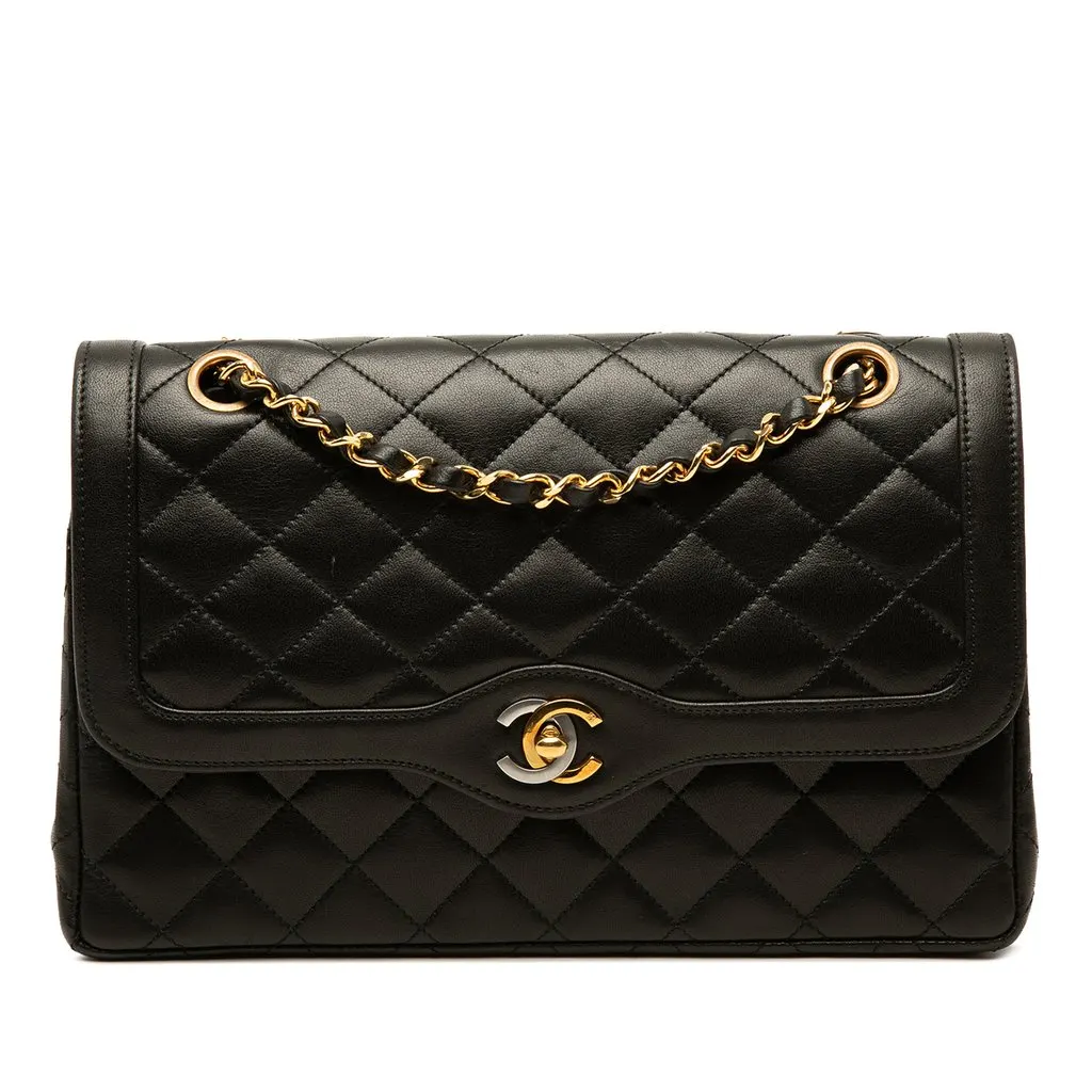 Chanel Limited Edition Paris Medium CC Quilted Lambskin Double Flap Black Leather Good - Front View