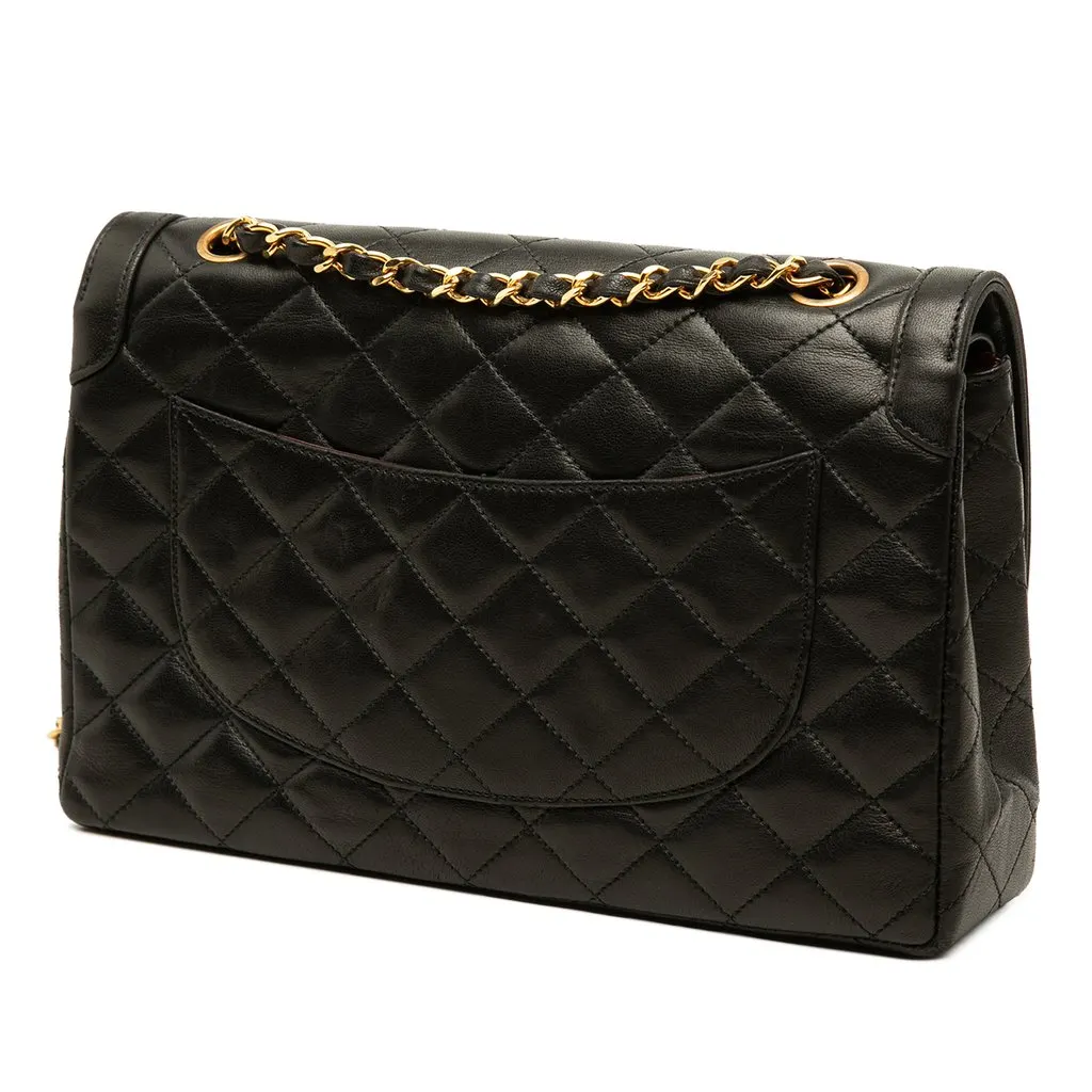 Chanel Limited Edition Paris Medium CC Quilted Lambskin Double Flap Black Leather Good - Back View