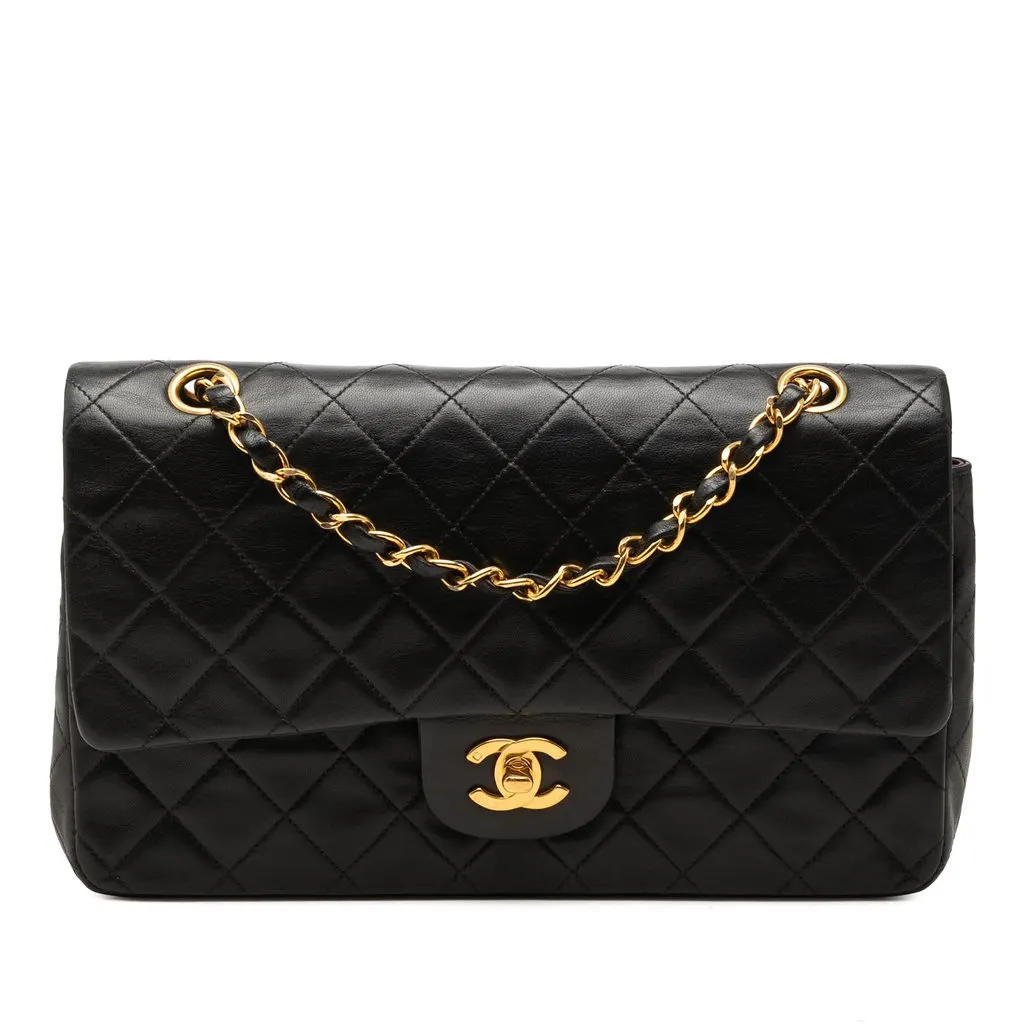 Chanel Medium Classic Lambskin Double Flap Black Leather Very good - Front View