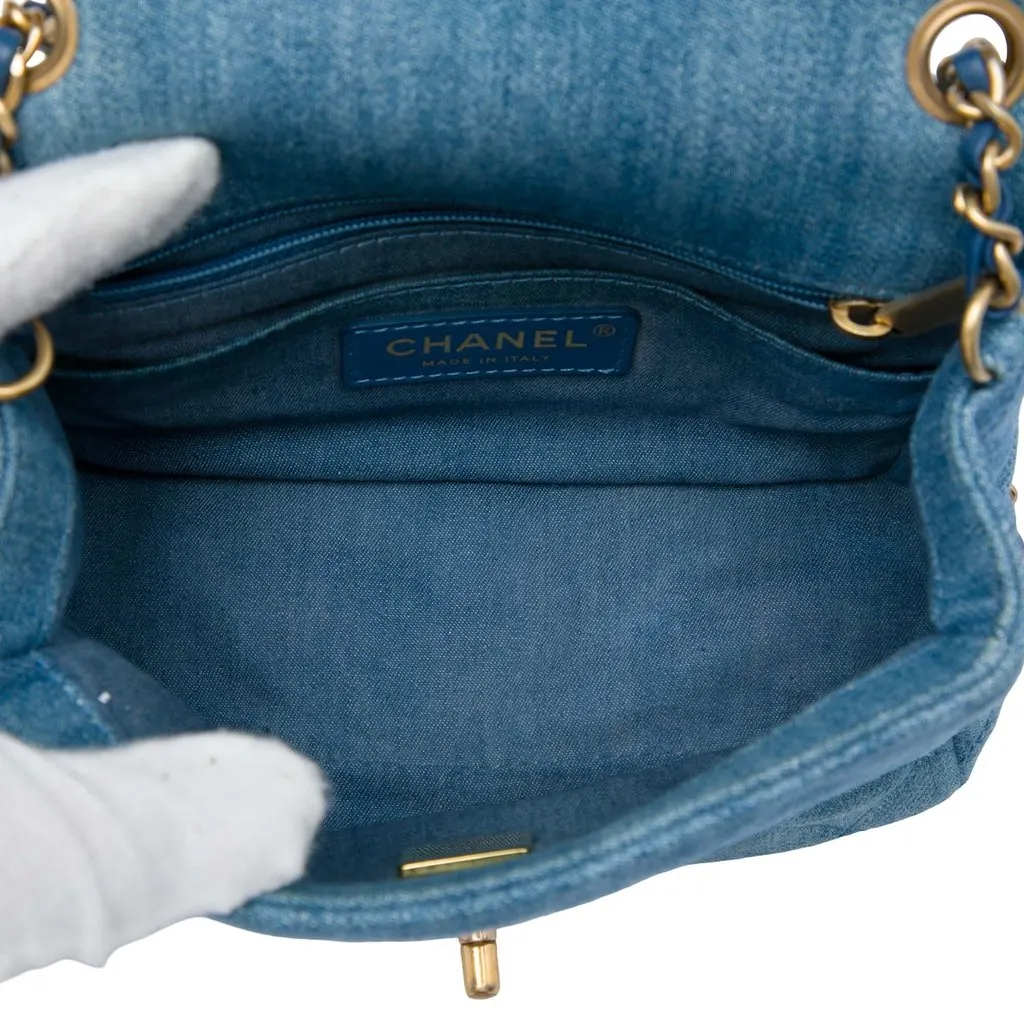 Chanel Mini Square Classic Denim Pearl Crush Single Flap Blue Very good - Model View