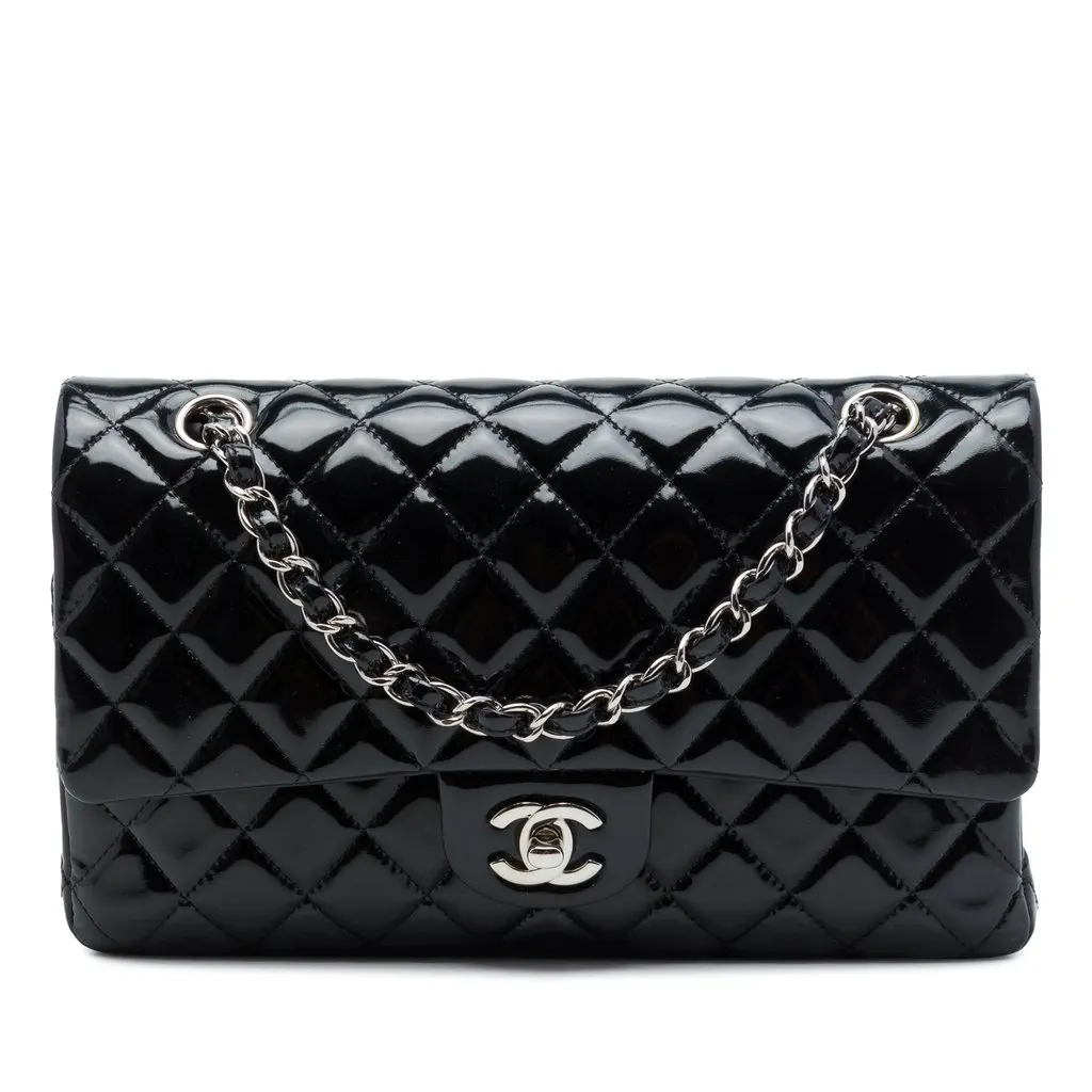 Chanel Medium Classic Patent Double Flap Black Leather Very good - Front View