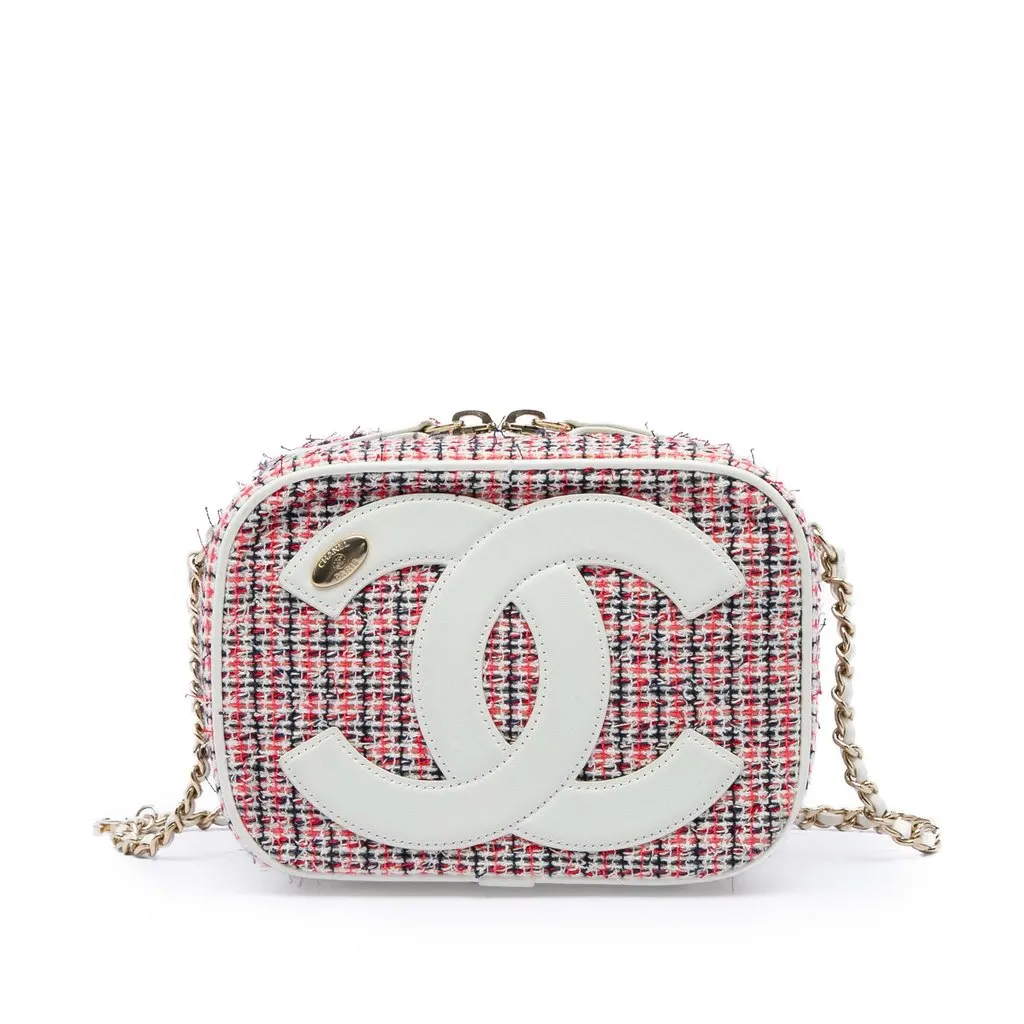 Chanel Tweed CC Mania Camera Bag Red Tweed Good - Front View