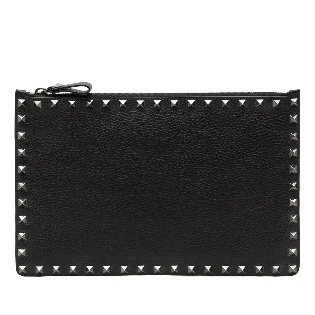 Valentino Grained Calfskin Rockstud Clutch Black Leather Very good - Front View