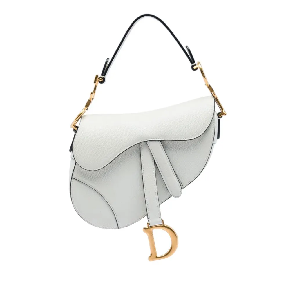 Dior Mini Grained Calfskin Saddle Bag White Leather Very good - Front View