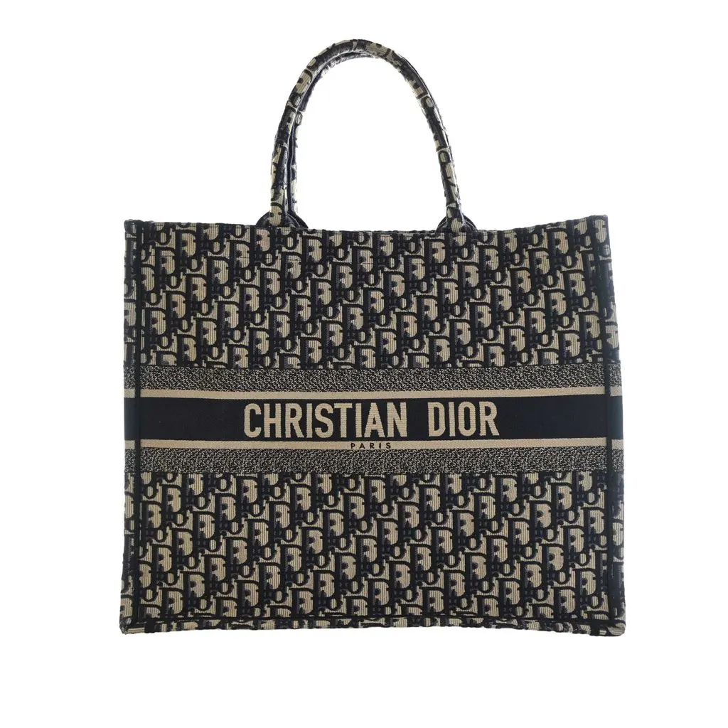Dior Large Oblique Embroidered Canvas Book Tote Blue Canvas Very good - Front View