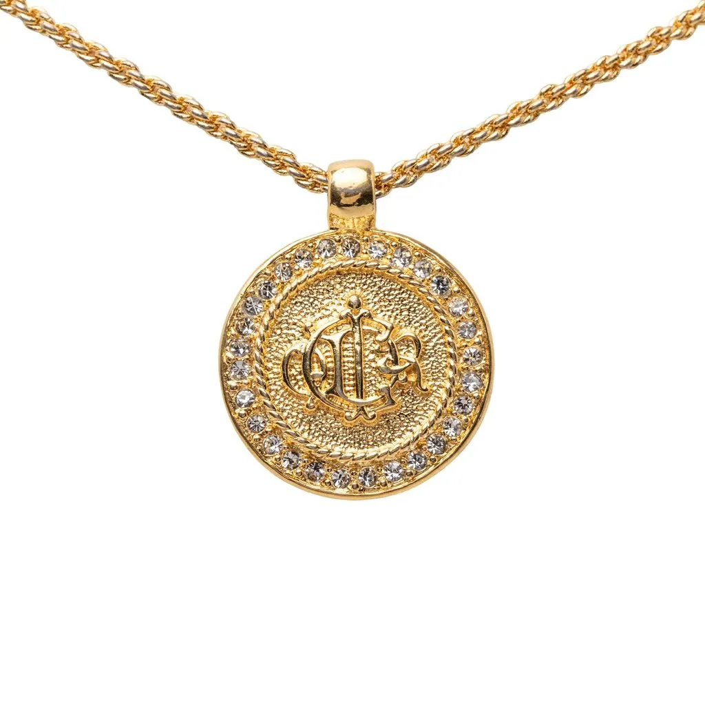 Dior Gold Plated Strass Medallion Pendant Necklace Gold Metal Very good - Back View