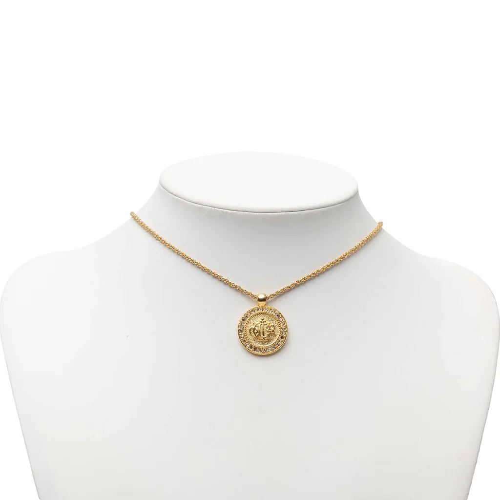 Dior Gold Plated Strass Medallion Pendant Necklace Gold Metal Very good - Box View
