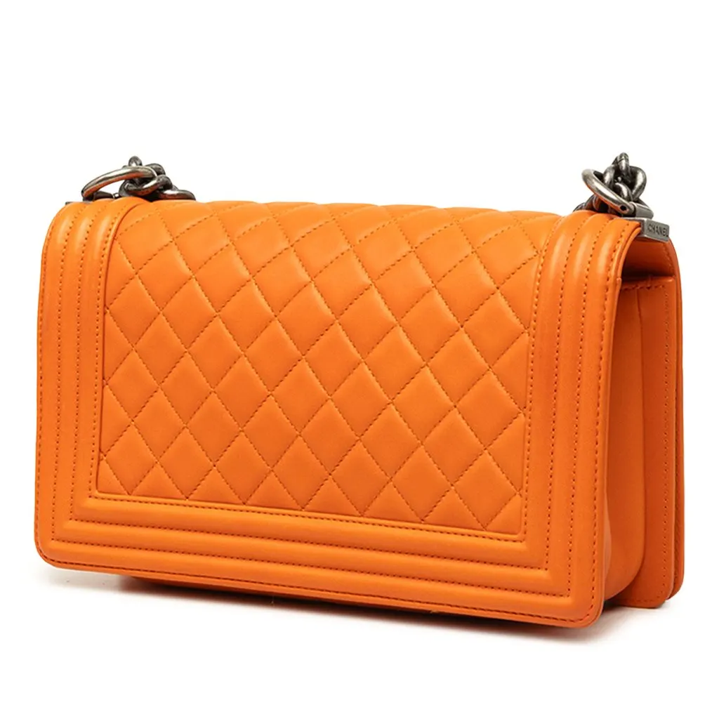 Chanel Old Medium Quilted Lambskin Boy Flap Orange Leather Very good - Back View
