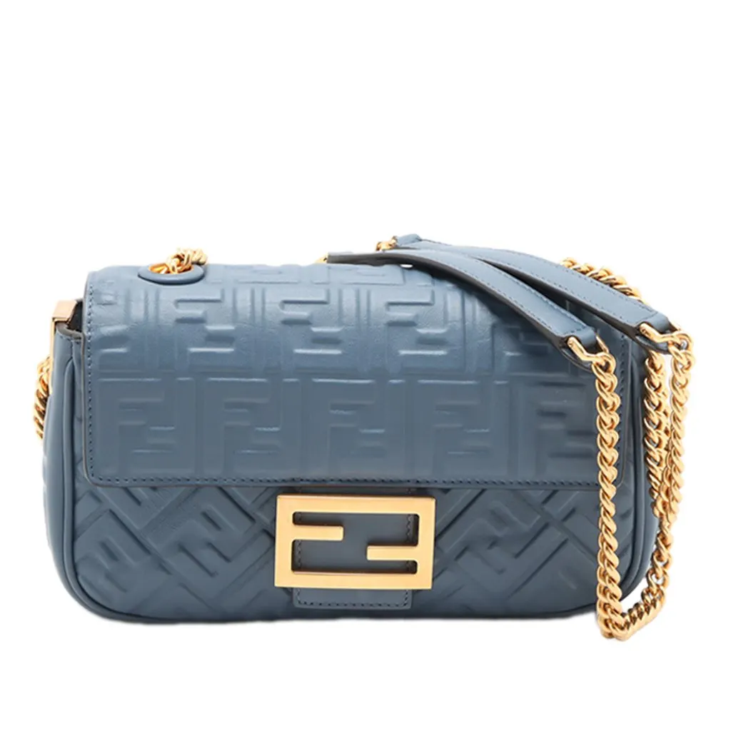 Fendi Small FF Nappa Embossed Chain Midi Baguette Blue Leather Very good - Front View