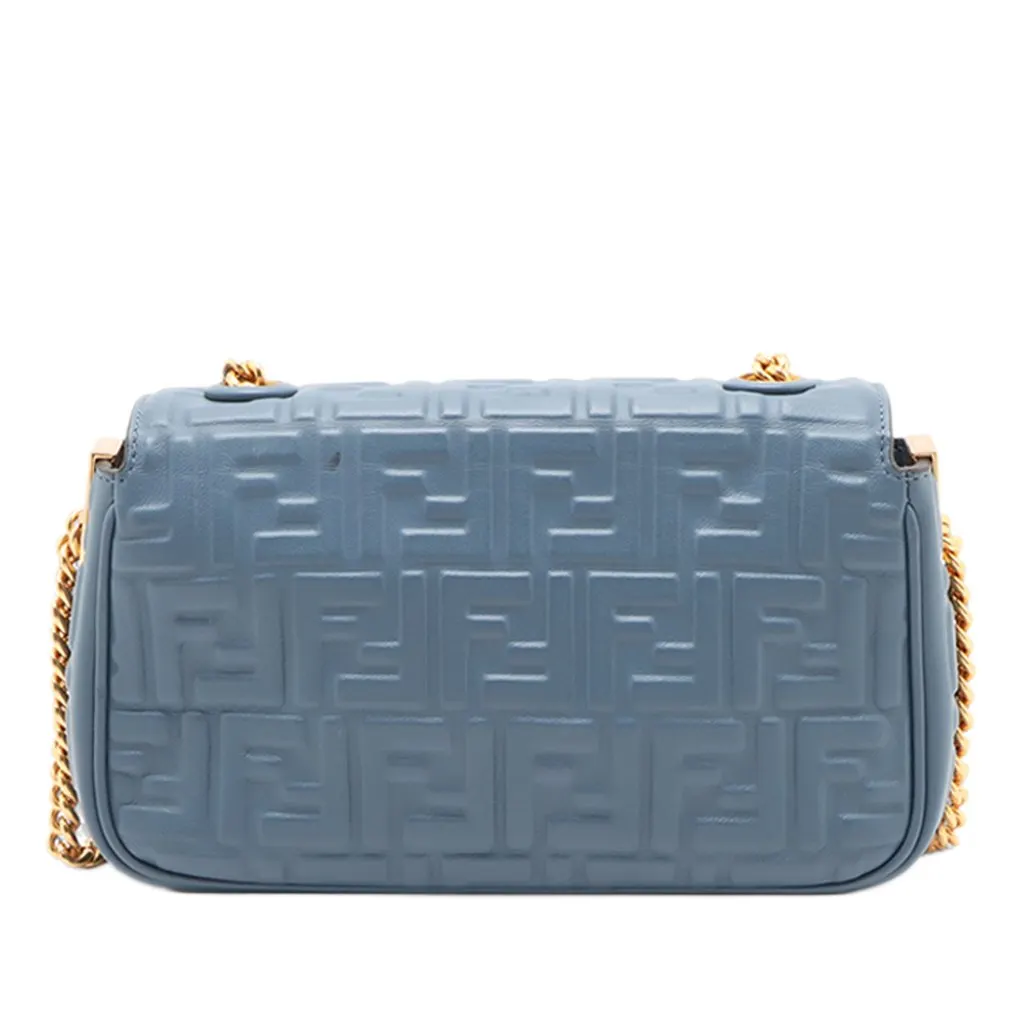 Fendi Small FF Nappa Embossed Chain Midi Baguette Blue Leather Very good - Back View