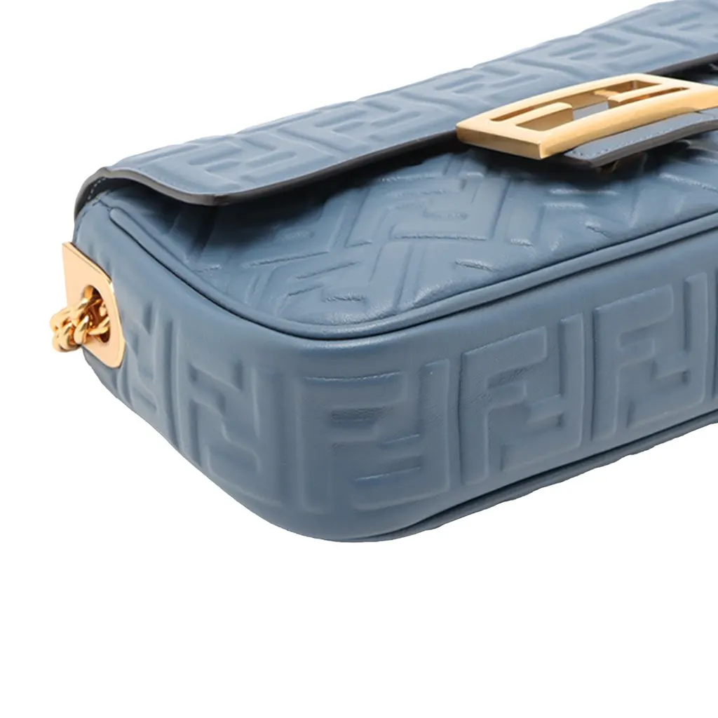 Fendi Small FF Nappa Embossed Chain Midi Baguette Blue Leather Very good - Inside View