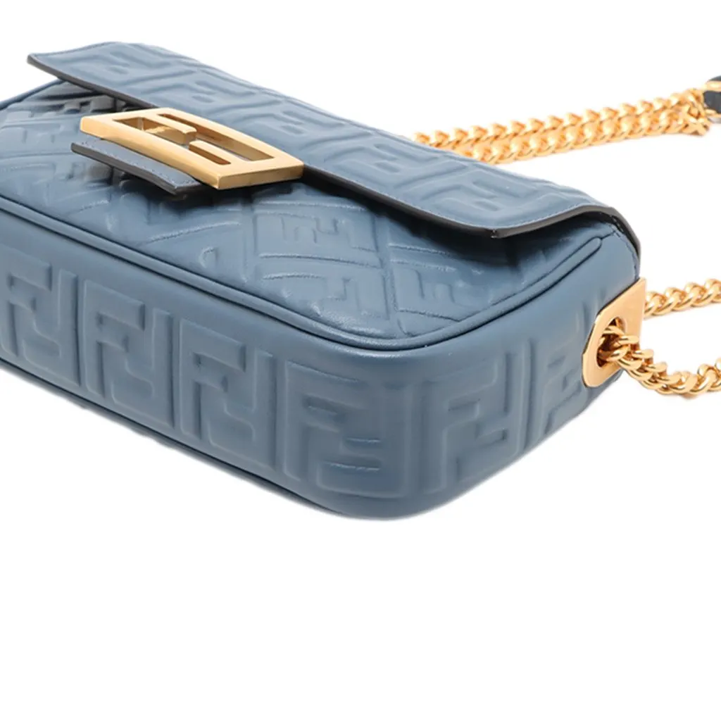 Fendi Small FF Nappa Embossed Chain Midi Baguette Blue Leather Very good - Model View