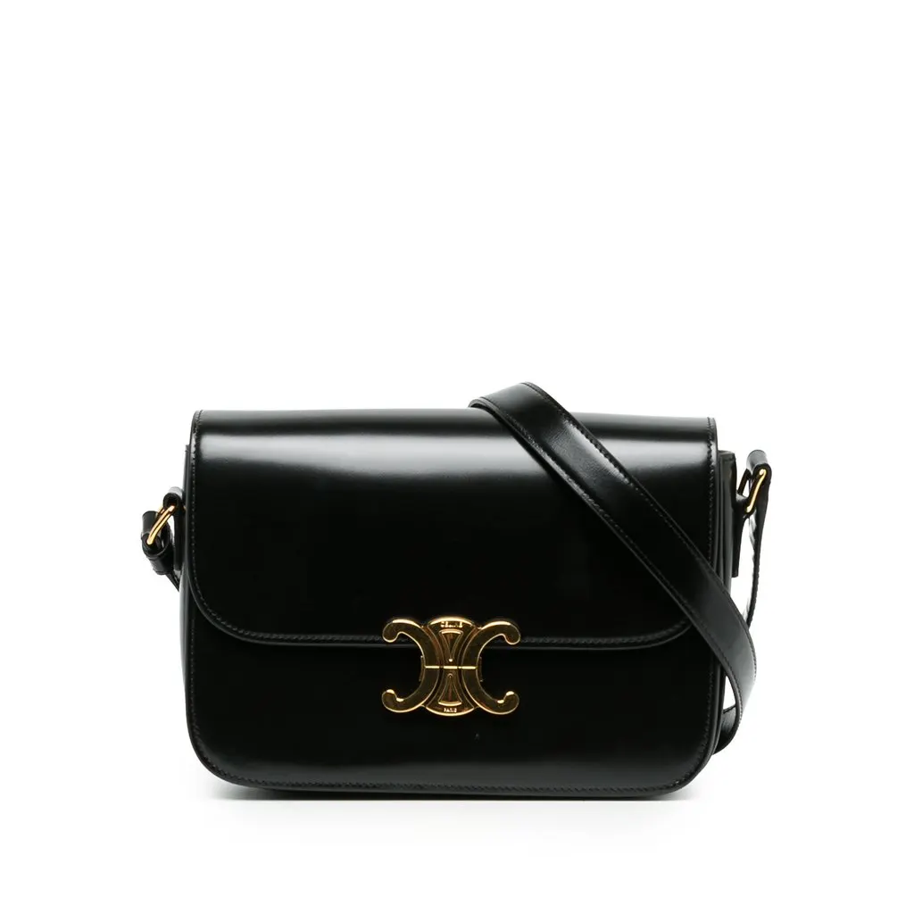 Celine Classique Shiny Calfskin Triomphe Crossbody Black Leather Very good - Front View